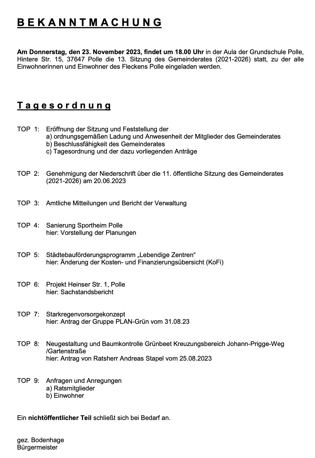 13. Gemeinderatssitzung 23.11.23, 18:00h