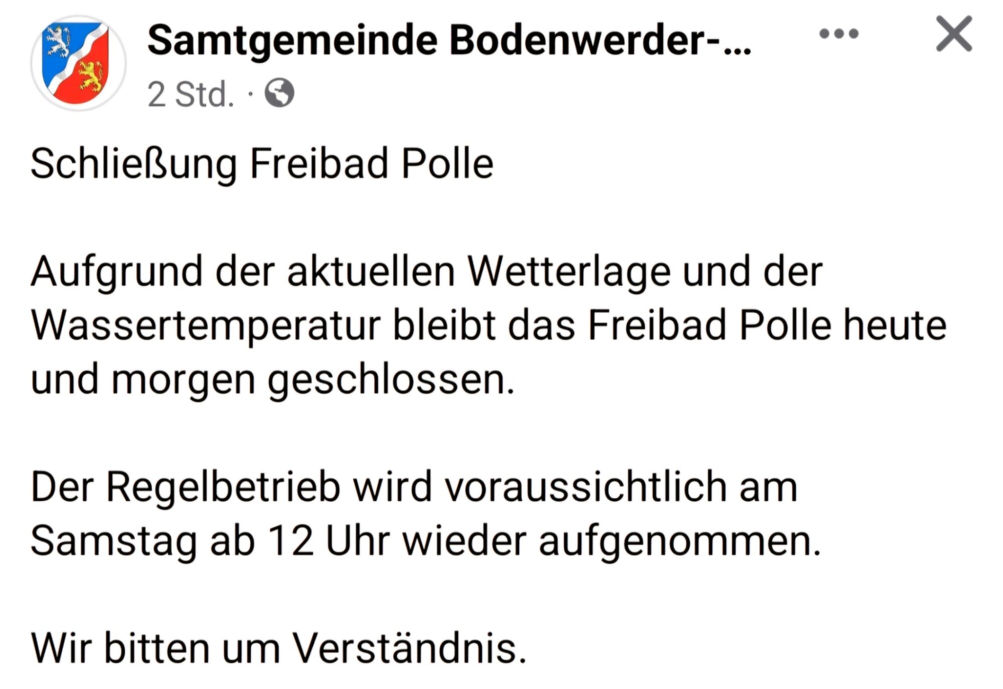 Schließung Freibad Polle bis einschließlich morgen Abend