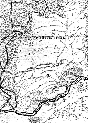 Abb. 5 Ausschnitt aus einer topographischen Karte des Weserlaufs zwischen Höxter und Holzminden, die Ende des 16. Jahrhunderts in Auftrag des Herzogs Julius von Braunschweig-Wolfenbüttel gezeichnet wurde. Die Corveyische Grenze verläuft links in den Waldungen zwischen Weser und Köterberg. (Niedersauptstaats-archiv, Hannover); Abbildung aus Wittkopp, Grenzstreit zwischen Abt und Herzog.